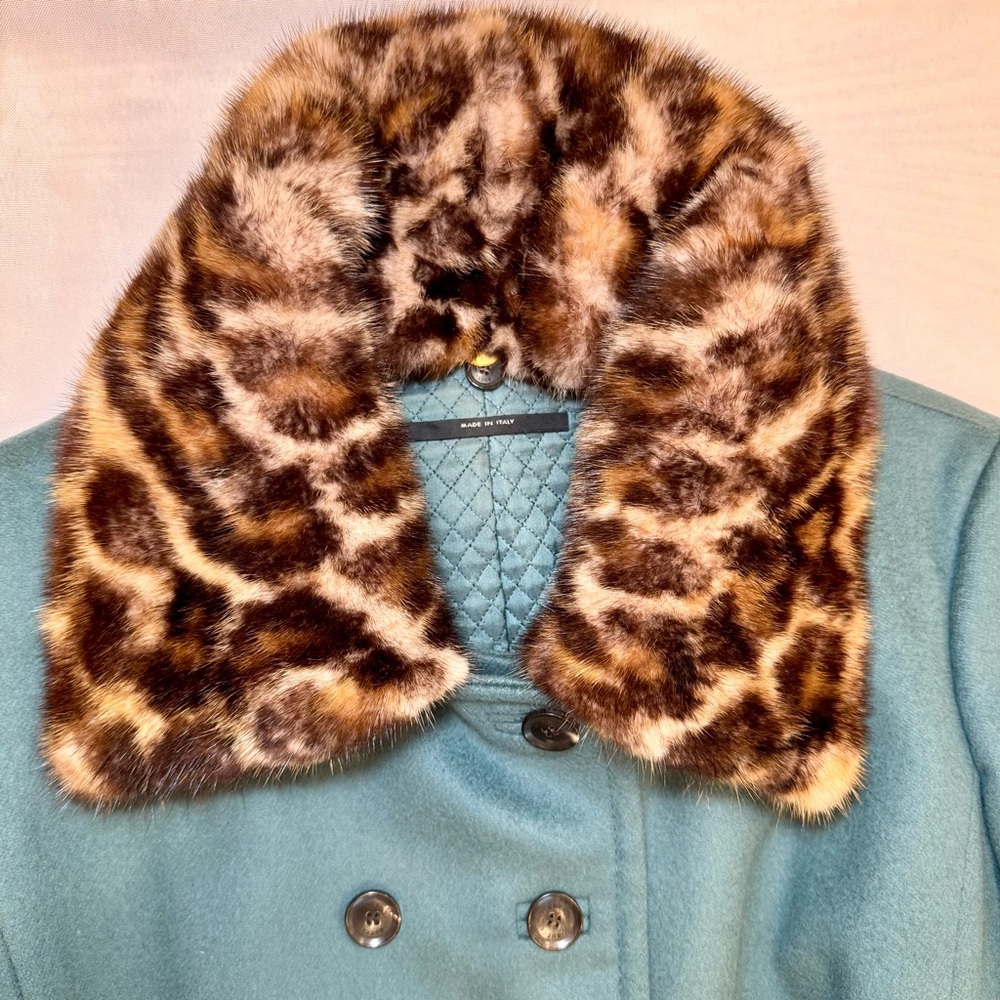Rare Gucci Double Breasted Teal Virgin Wool Coat W Leopard Mink Collar, Sz 42 - Picture 5 of 14